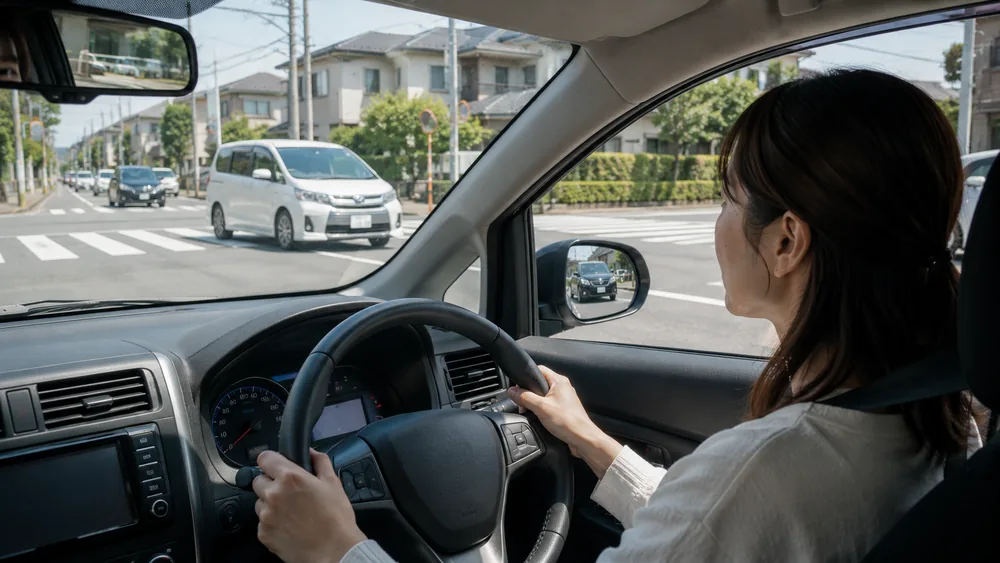 交差点・右折で進むタイミングを考える運転者のイメージ