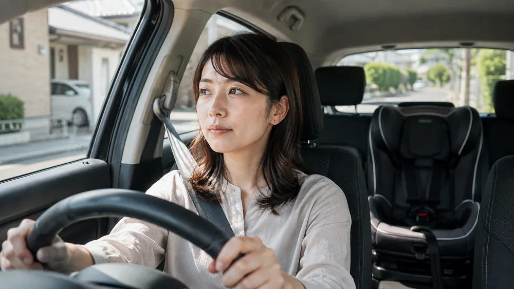 チャイルドシートを載せて送迎する運転者のイメージ