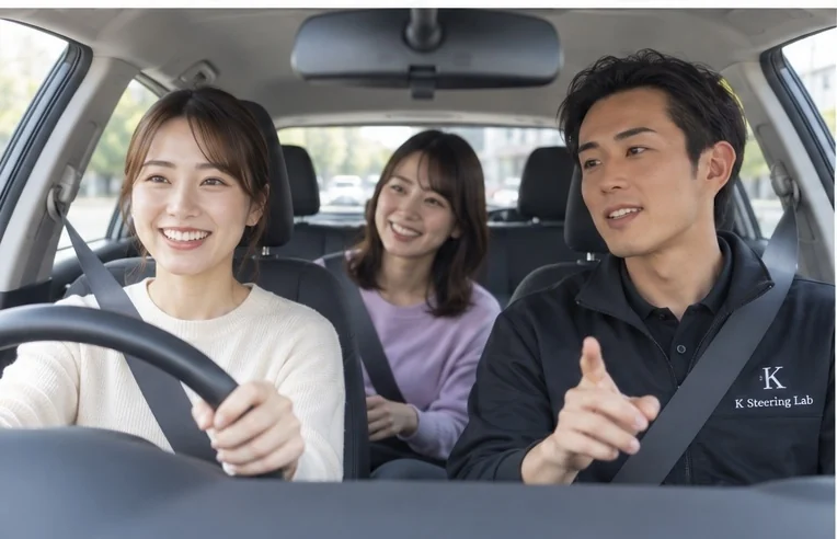女性が運転し、助手席の講師が説明、後席にもう一人の女性が同乗している講習の様子