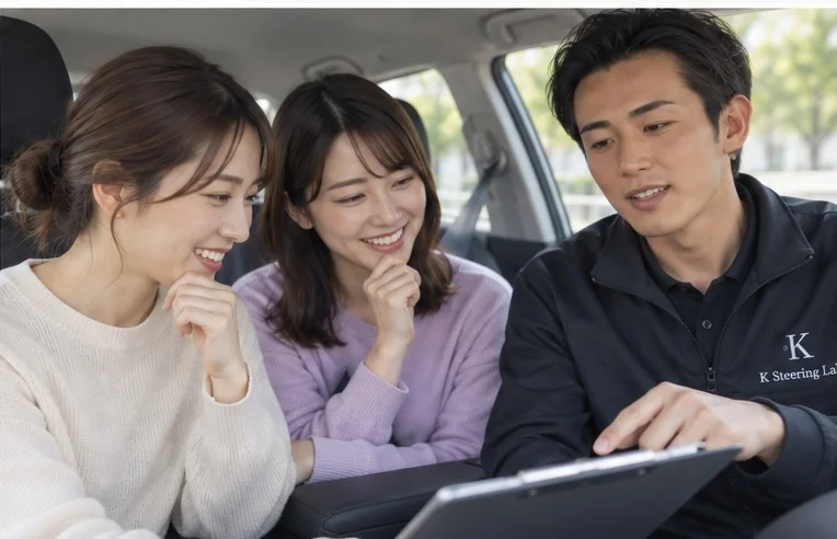 車内で女性2人と講師が一緒に資料を見ながら振り返っている様子