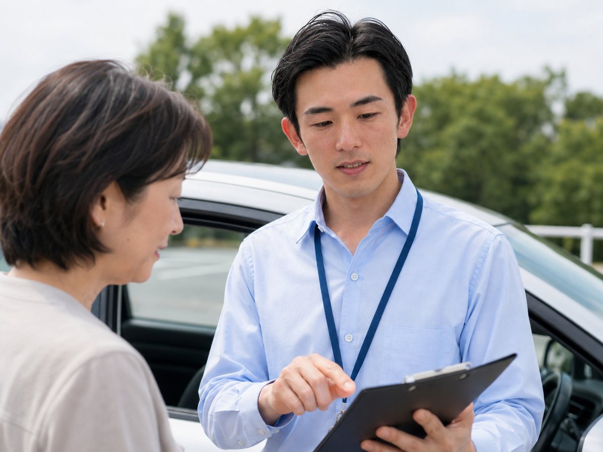 車のそばで書面を見ながら説明する指導員のイメージ